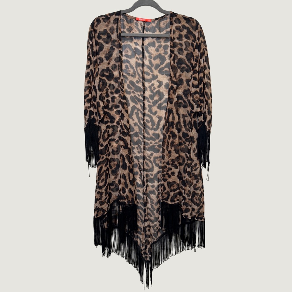I Love Women Kimono One Size Brown Leopard Fringe Trim Sharkbite Sheer Boho Wrap